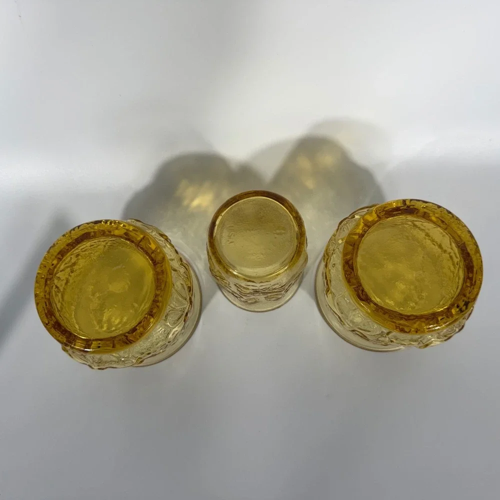 Vintage Anchor Hocking Rainflower Amber 3‎ Pc Glass Set Floral Drinkware MCM EUC